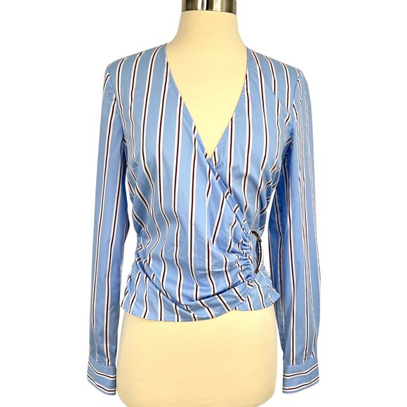 Veronica Beard Ozzie Stripe Faux Wrap Shirt Blue V Neck Long Sleeve Size 2 - Picture 1 of 13